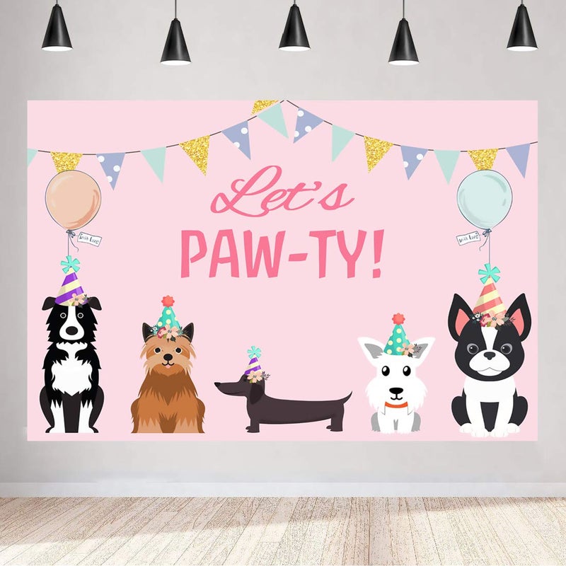 Aperturee 5x3ft Puppy Dog Happy Themed Backdrops Let's Paw-ty Doggy Pet Pink Girl Photography Backdrop Banner for Puppy Party Photo Booth Backdrop Vinyl Birthday Party Decorations - Image 1